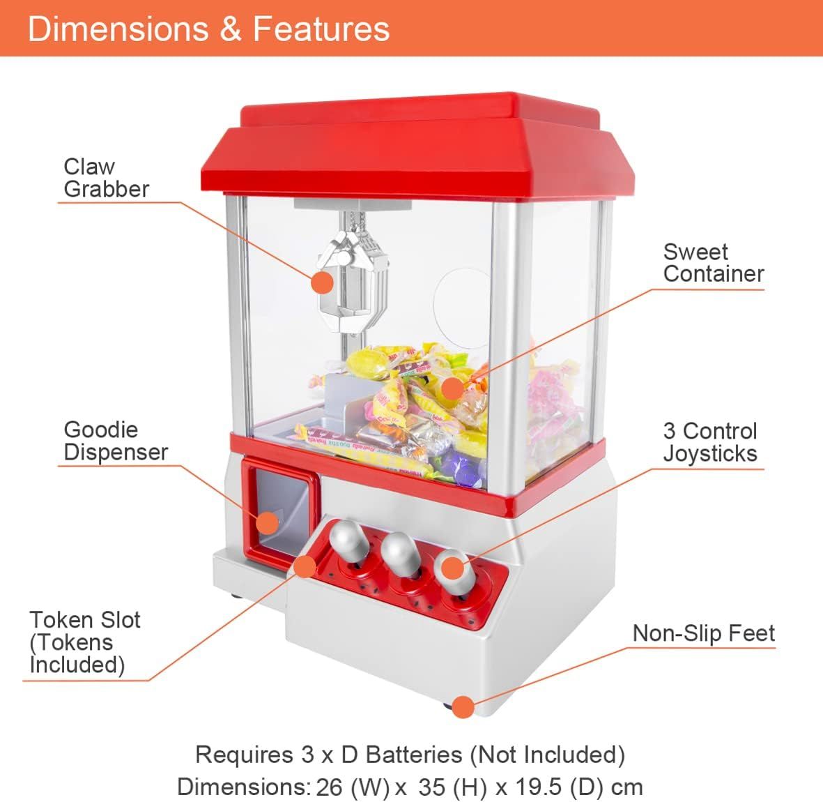 Candy Gripper Claw Machine Toy Kids Arcade Game with Joystick Control Battery Powered