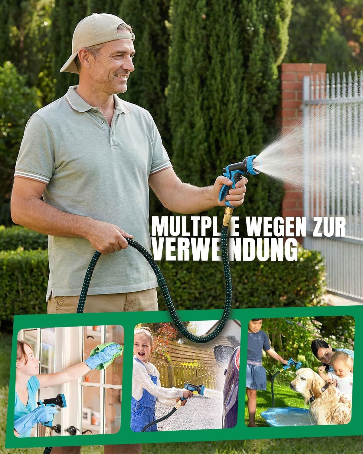 Premium 15m Expandable Garden Hose with 10-Function Spray Gun – 3750D Fabric, Brass Fittings