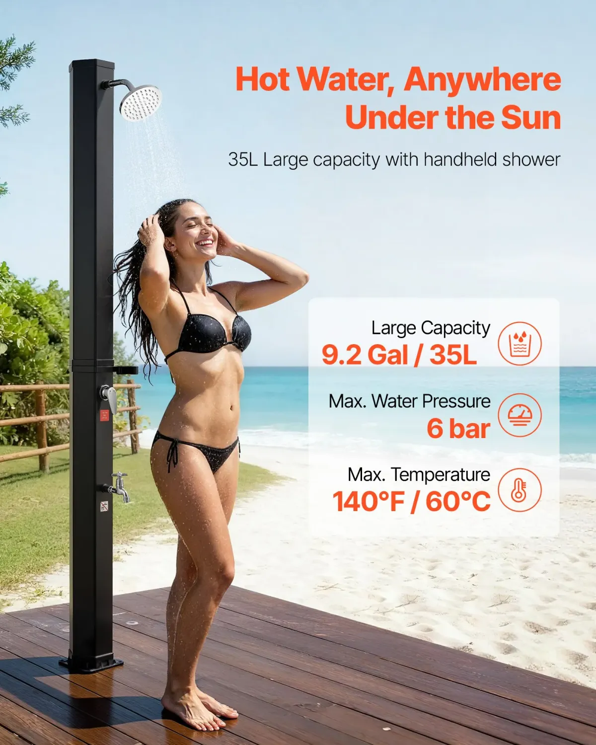 Solar Heated Outdoor Shower – Hot &amp; Cold Water with Foot Rinse