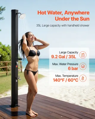 Solar Heated Outdoor Shower – Hot &amp; Cold Water with Foot Rinse