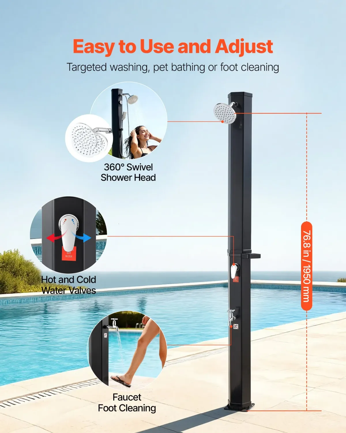Solar Heated Outdoor Shower – Hot &amp; Cold Water with Foot Rinse