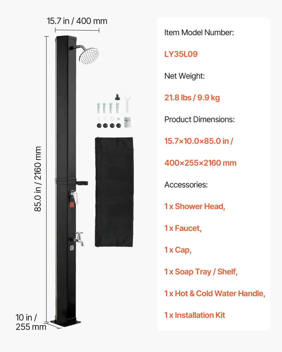 Solar Heated Outdoor Shower – Hot &amp; Cold Water with Foot Rinse