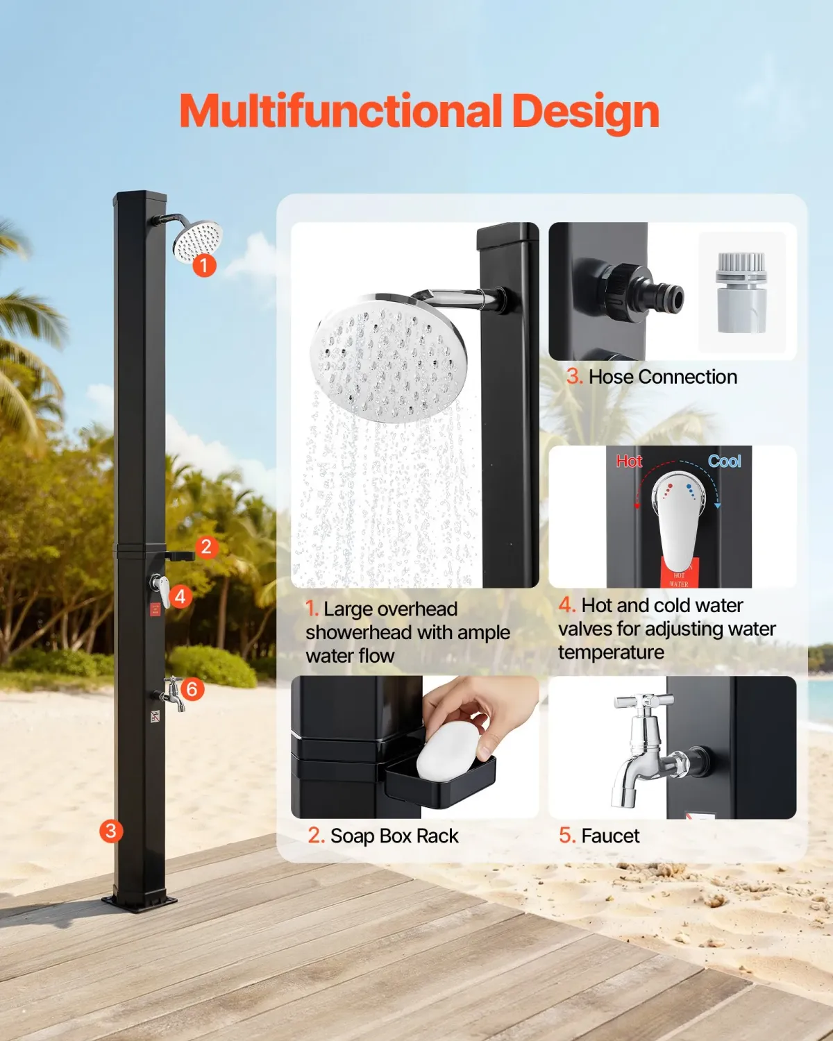 Solar Heated Outdoor Shower – Hot &amp; Cold Water with Foot Rinse