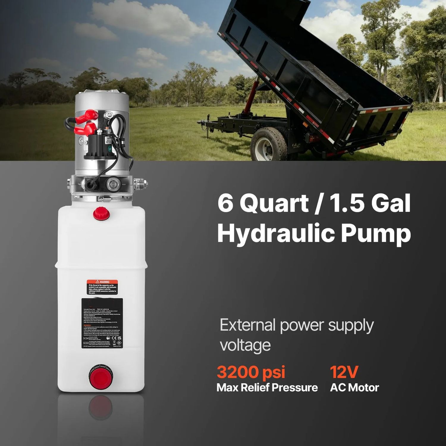 Power Unit 12V 1.6 kW Single-Acting Hydraulic – 6 Quart / 1.5 Gal Reservoir, 3,200 PSI