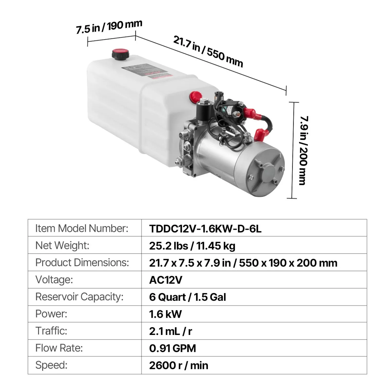 Power Unit 12V 1.6 kW Single-Acting Hydraulic – 6 Quart / 1.5 Gal Reservoir, 3,200 PSI