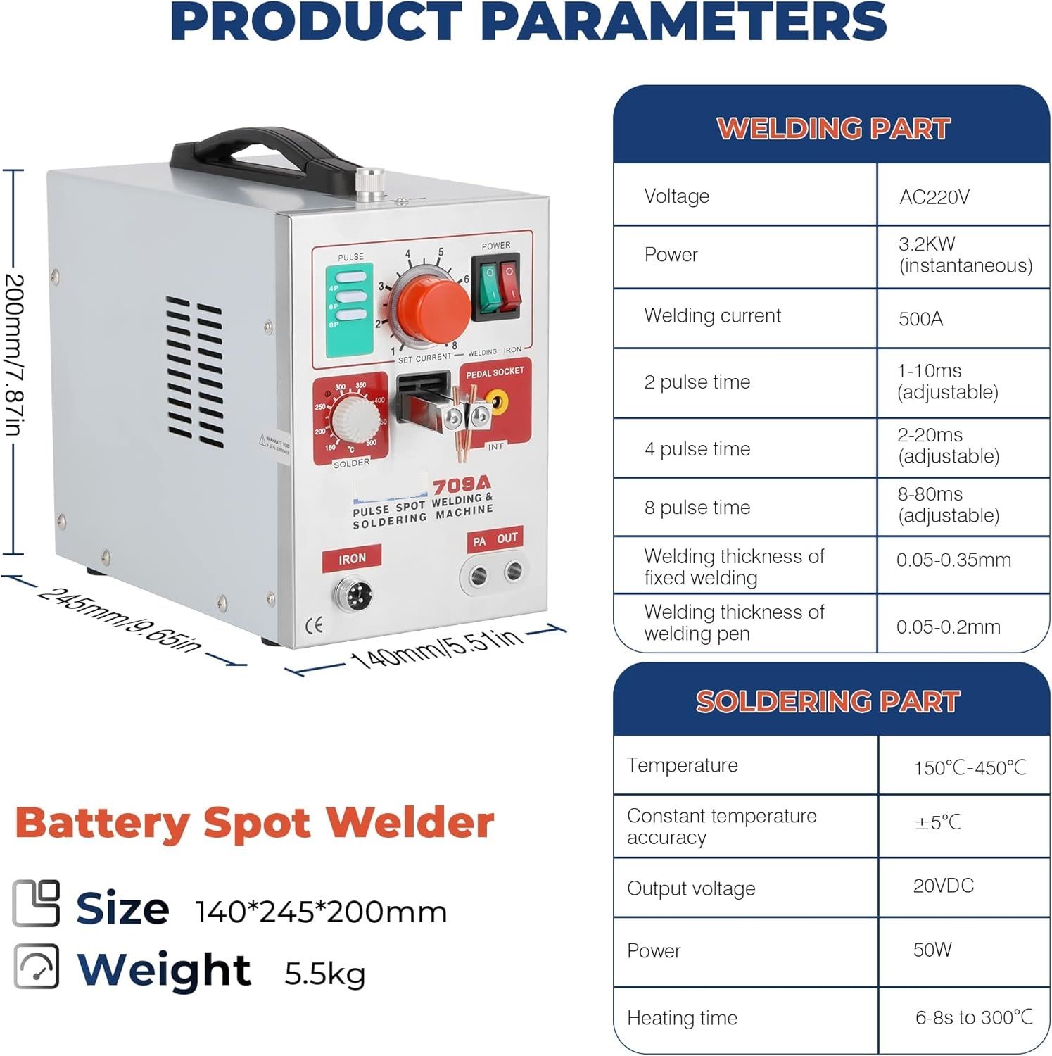 3.2KW Battery Spot Welder 709A 2-in-1 Pulse Welding Machine with Soldering Iron 220V