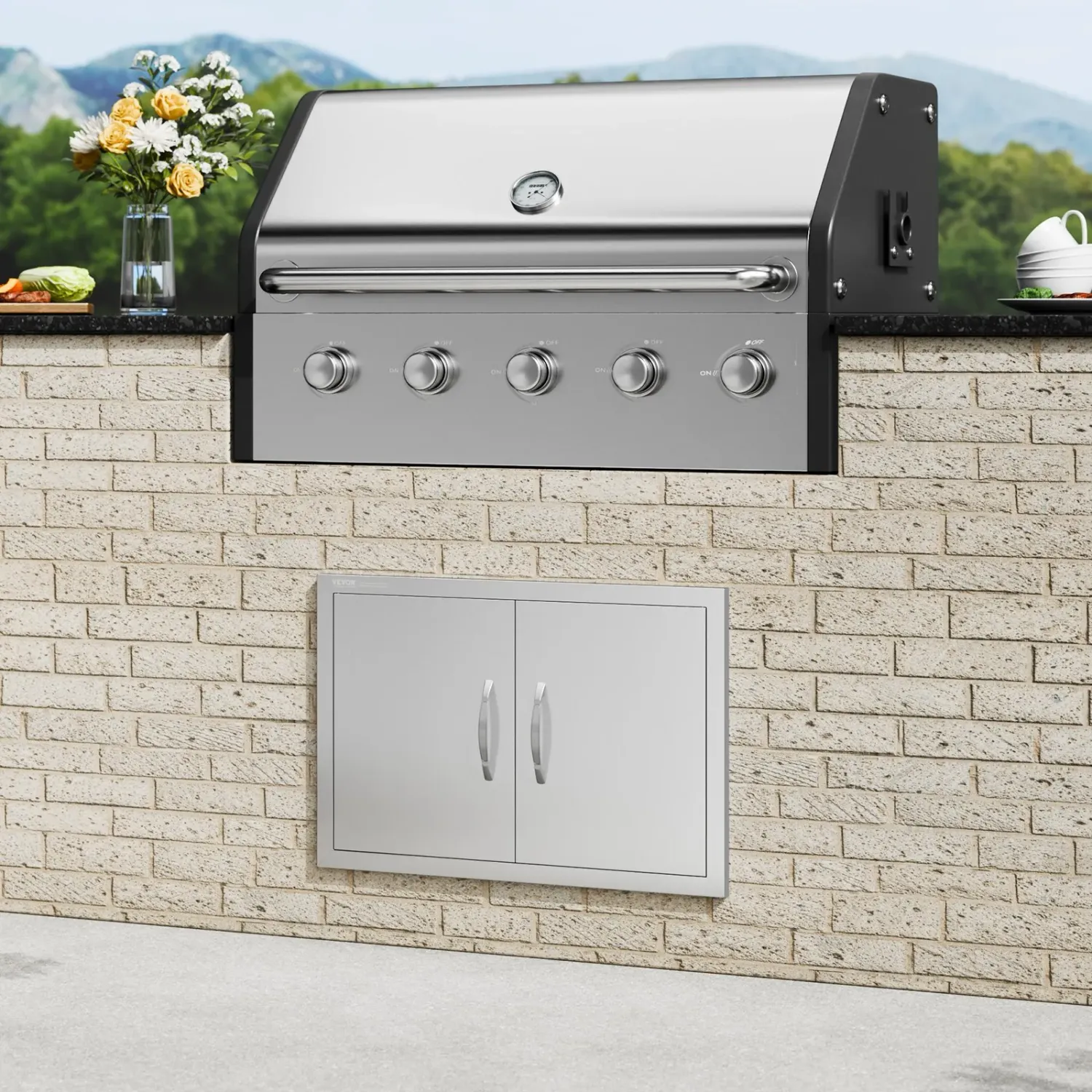 BBQ Access Door 28 x 19 Inch, Double Stainless Steel Outdoor Kitchen Cabinet Door with Handles for BBQ Island