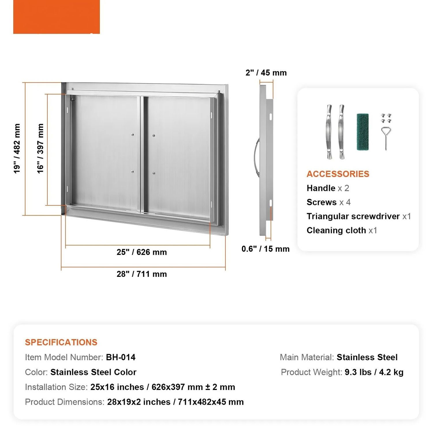 BBQ Access Door 28 x 19 Inch, Double Stainless Steel Outdoor Kitchen Cabinet Door with Handles for BBQ Island