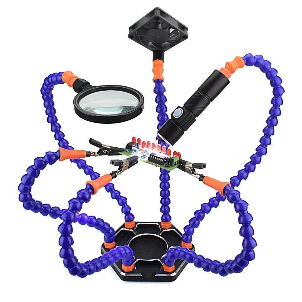 Six Arms Soldering Iron Stand Holder with 3X Magnifier, USB Fan &amp; LED Light