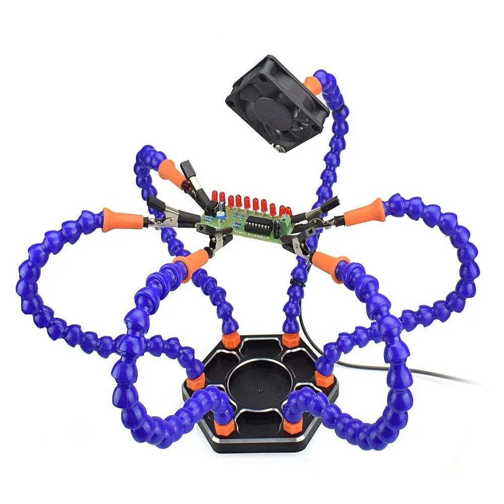 Six Arms Soldering Iron Stand Holder with 3X Magnifier, USB Fan &amp; LED Light