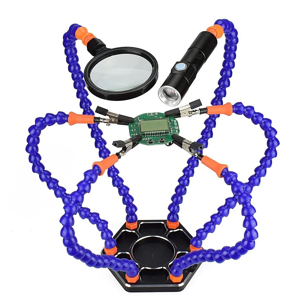 Six Arms Soldering Iron Stand Holder with 3X Magnifier, USB Fan &amp; LED Light