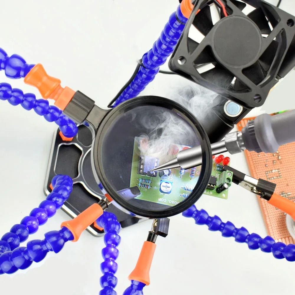Six Arms Soldering Iron Stand Holder with 3X Magnifier, USB Fan &amp; LED Light