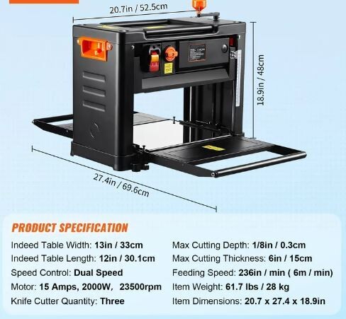 Woodworking Thickness Planer 13-Inch Two-Speed Three-Blade 15-Amp,  2 x planer blades thickness planer Max. cutting depth 0.3cm Max. cutting thickness 15cm planer Ideal for woodworking for carpenters,