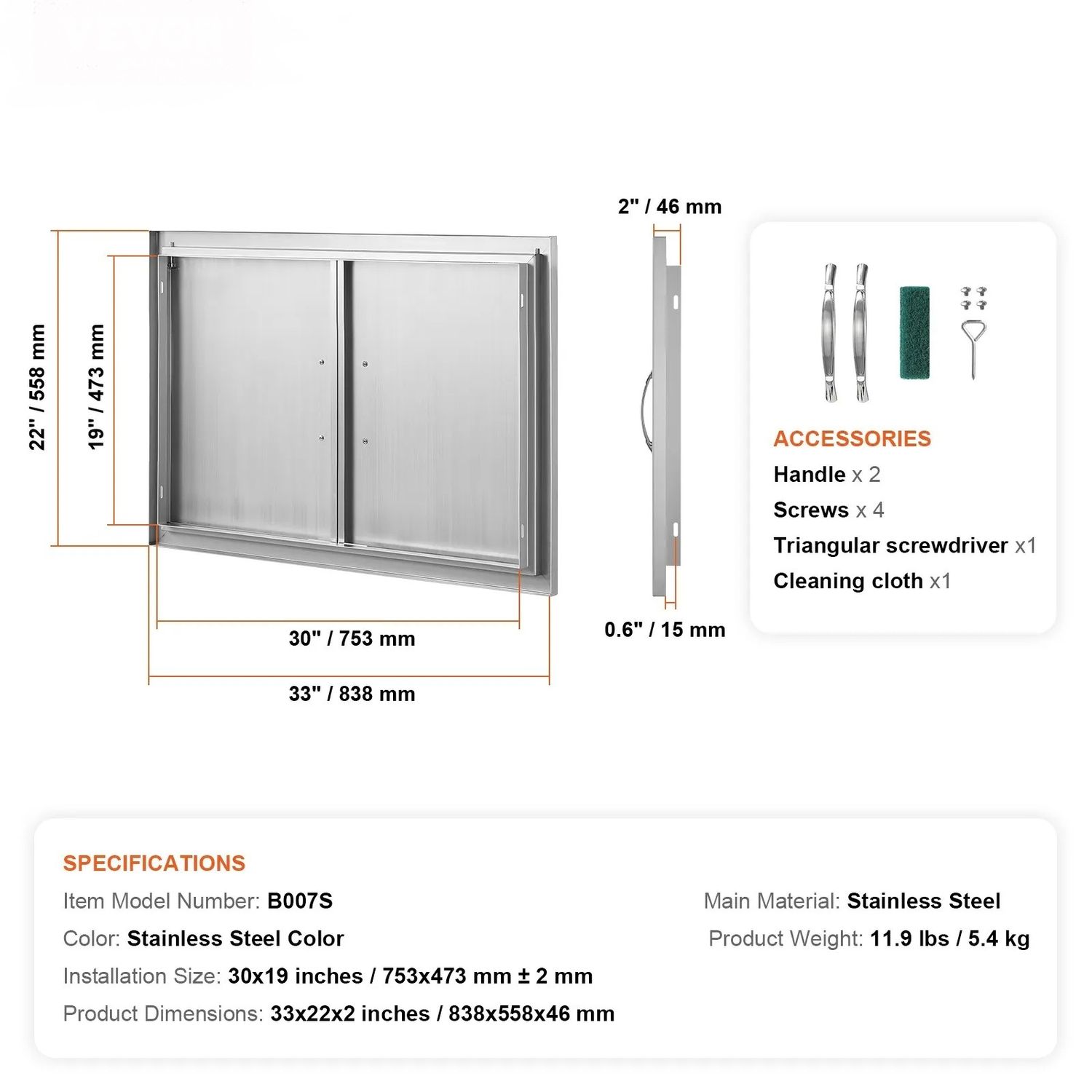 BBQ Access Door 838x558mm Stainless Steel Outdoor Kitchen Cabinet Door Flush Mount