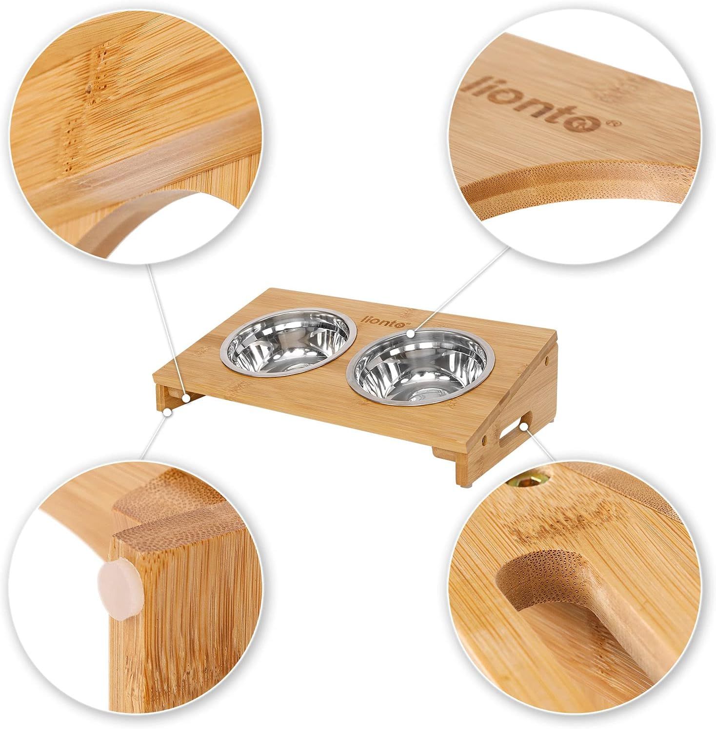 Bowl with Bamboo Frame and 2 Feeding Bowls for Dogs &amp; Cats – Elevated Design for Comfortable Feeding, Non-Slip Base, and Eco-Friendly Bamboo Stand
