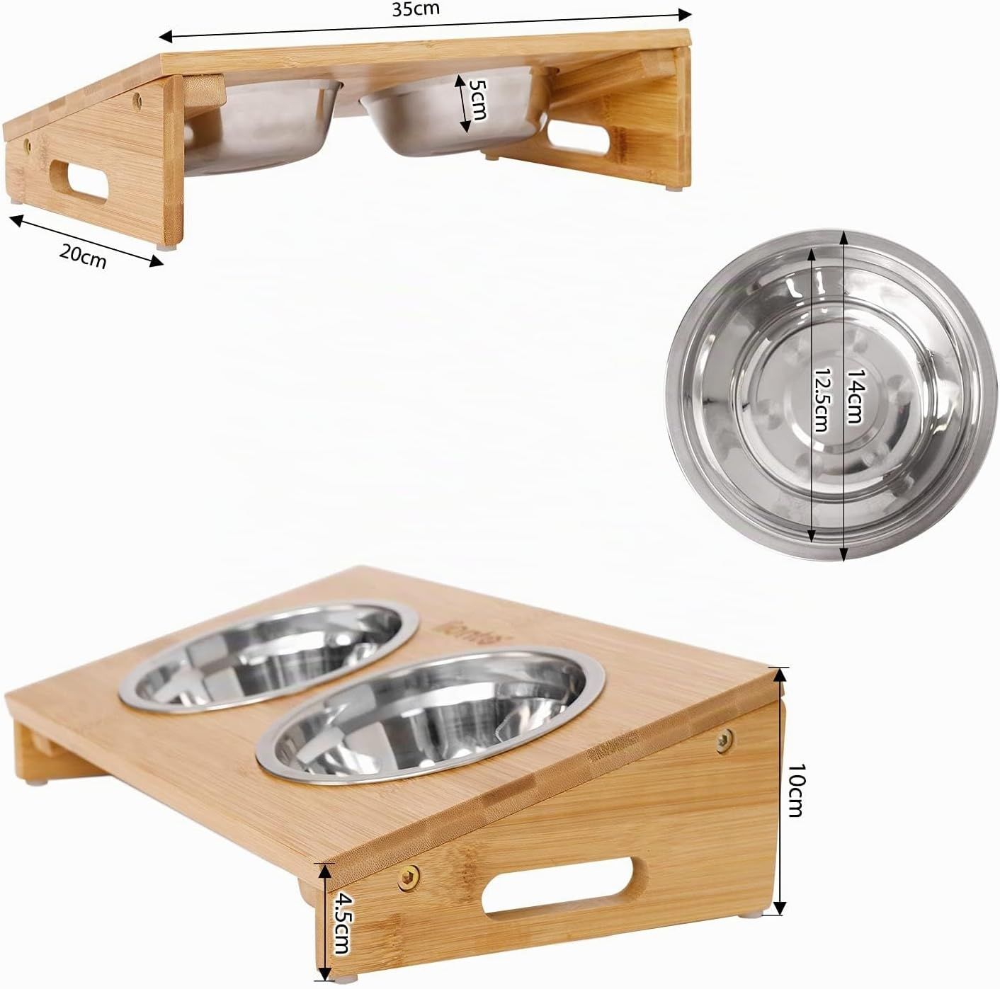 Bowl with Bamboo Frame and 2 Feeding Bowls for Dogs &amp; Cats – Elevated Design for Comfortable Feeding, Non-Slip Base, and Eco-Friendly Bamboo Stand