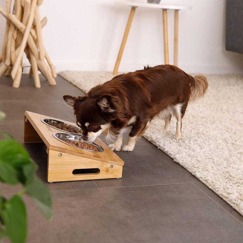 Bowl with Bamboo Frame and 2 Feeding Bowls for Dogs &amp; Cats – Elevated Design for Comfortable Feeding, Non-Slip Base, and Eco-Friendly Bamboo Stand