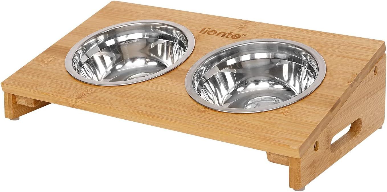 Bowl with Bamboo Frame and 2 Feeding Bowls for Dogs &amp; Cats – Elevated Design for Comfortable Feeding, Non-Slip Base, and Eco-Friendly Bamboo Stand