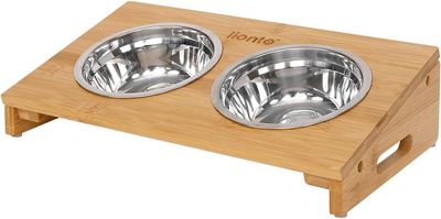 Bowl with Bamboo Frame and 2 Feeding Bowls for Dogs &amp; Cats – Elevated Design for Comfortable Feeding, Non-Slip Base, and Eco-Friendly Bamboo Stand