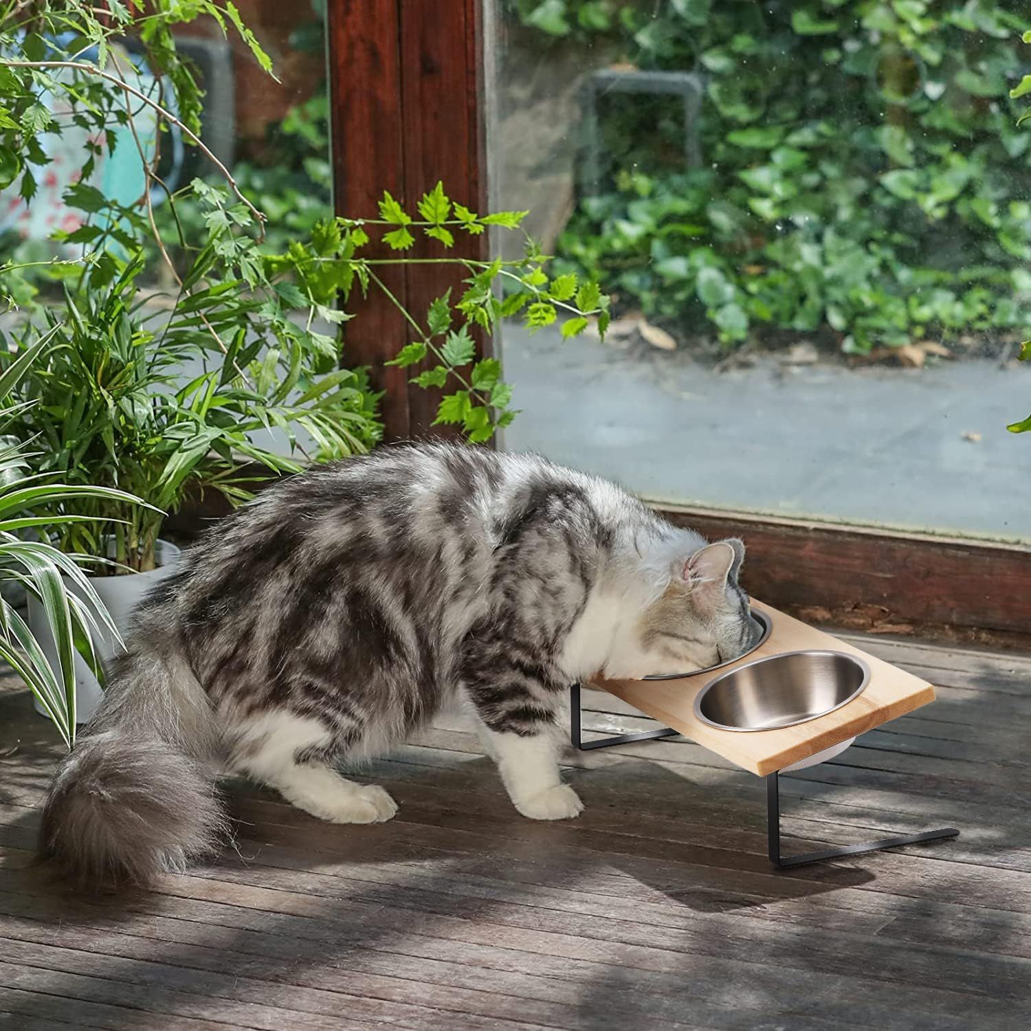 Elevated Cat Bowls, 15° Tilted Stainless Steel Pet Feeding Set with Bamboo Stand