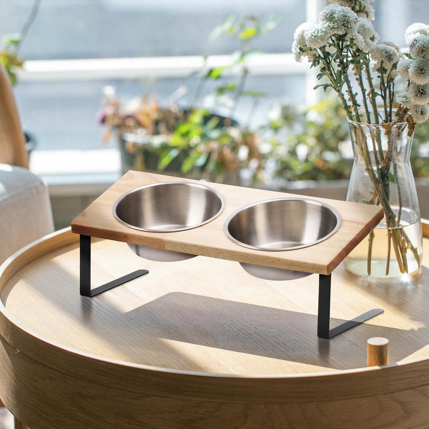 Elevated Cat Bowls, 15° Tilted Stainless Steel Pet Feeding Set with Bamboo Stand