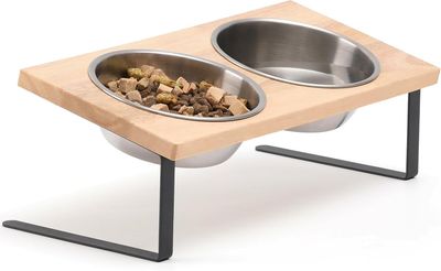Elevated Cat Bowls, 15° Tilted Stainless Steel Pet Feeding Set with Bamboo Stand