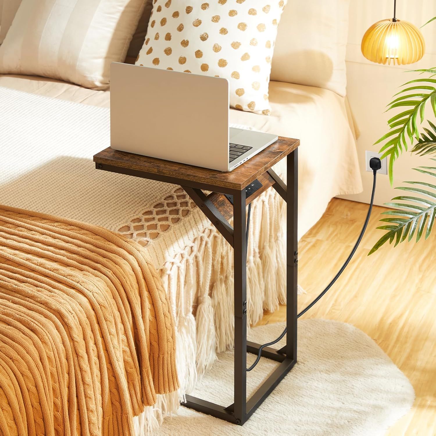 C-Shape Side Table, Sofa Table with Charging Station, Laptop Table for Sofa, 2 USB Ports 2 AC Outlets and triangular Storage Space.
