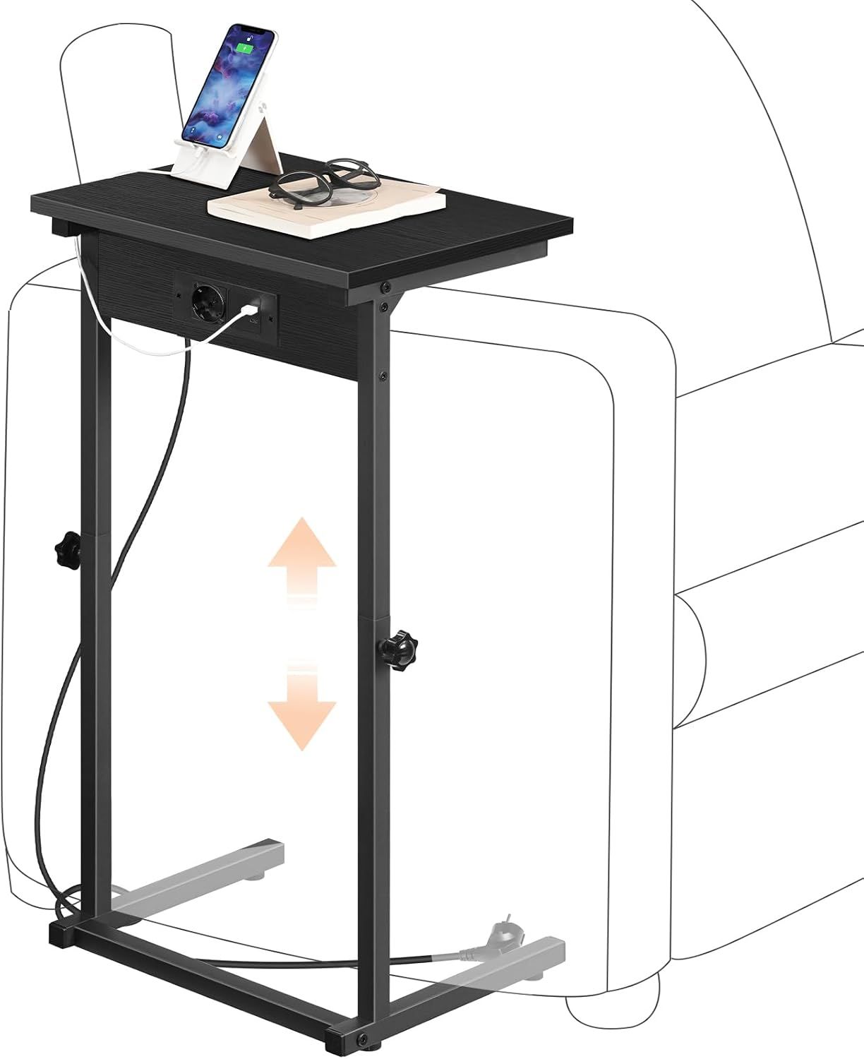 Black C-Shape Side Table with Charging Station, Height-Adjustable Sofa Table