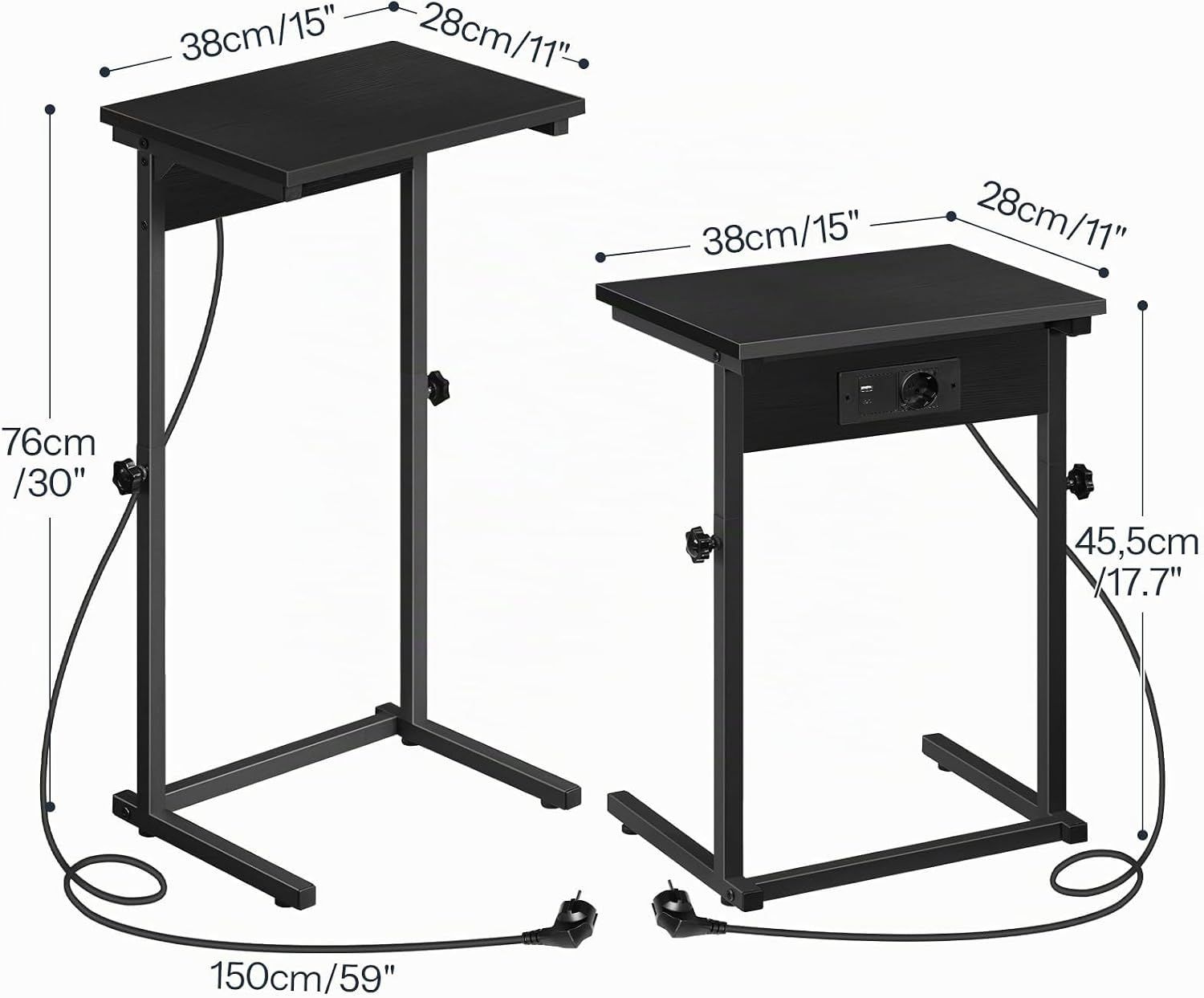 Black C-Shape Side Table with Charging Station, Height-Adjustable Sofa Table