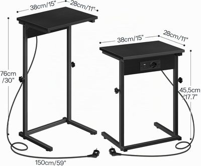 Black C-Shape Side Table with Charging Station, Height-Adjustable Sofa Table