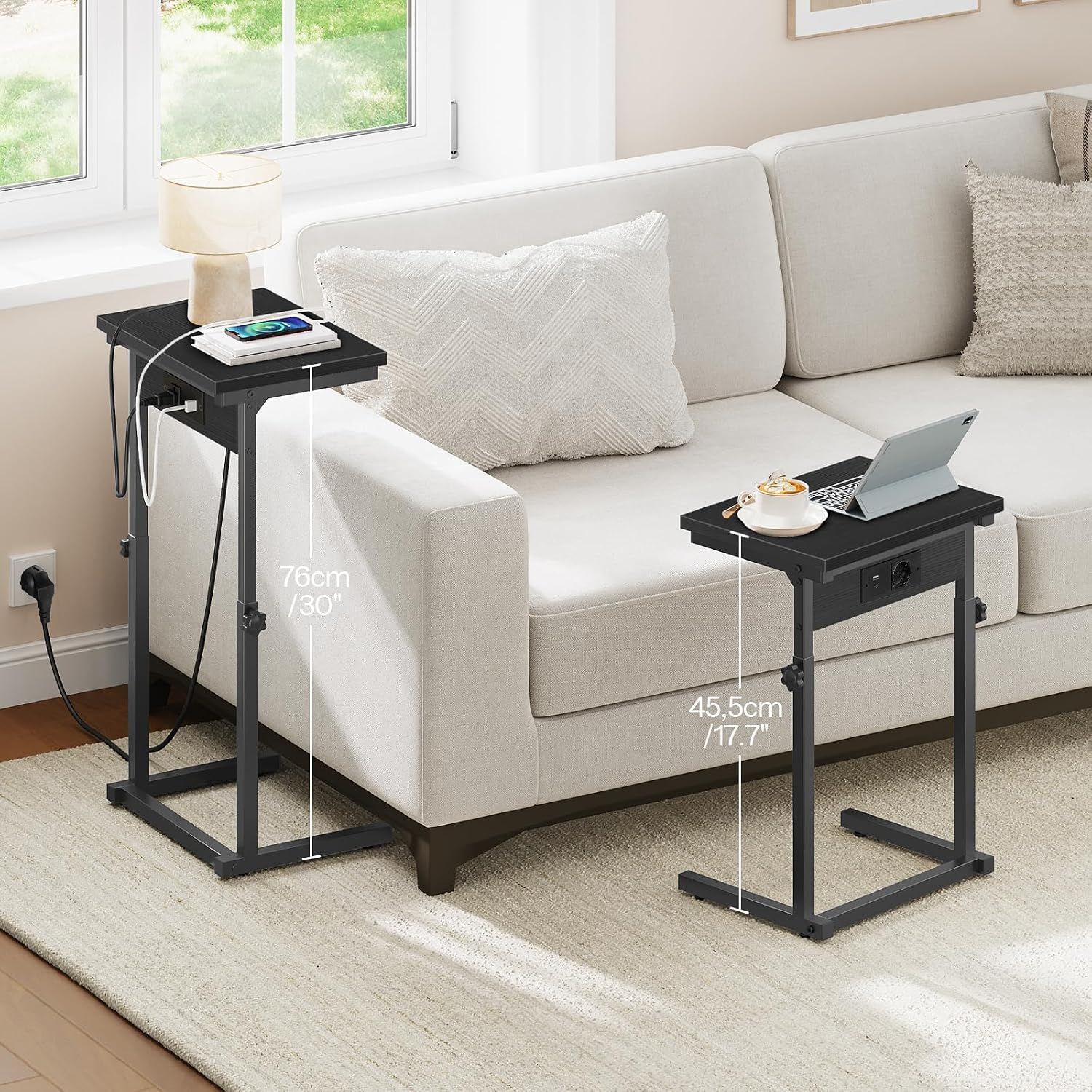 Black C-Shape Side Table with Charging Station, Height-Adjustable Sofa Table
