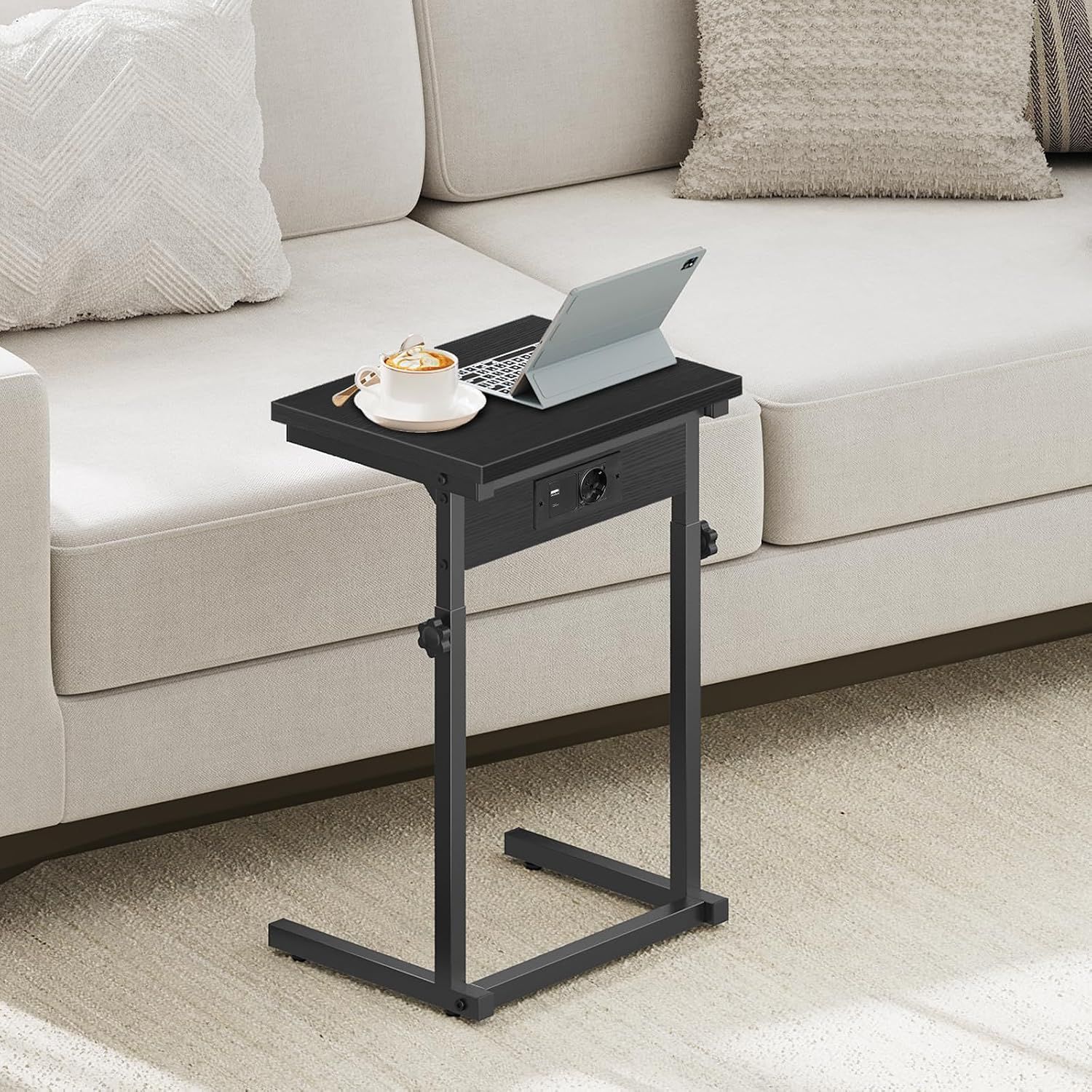 Black C-Shape Side Table with Charging Station, Height-Adjustable Sofa Table