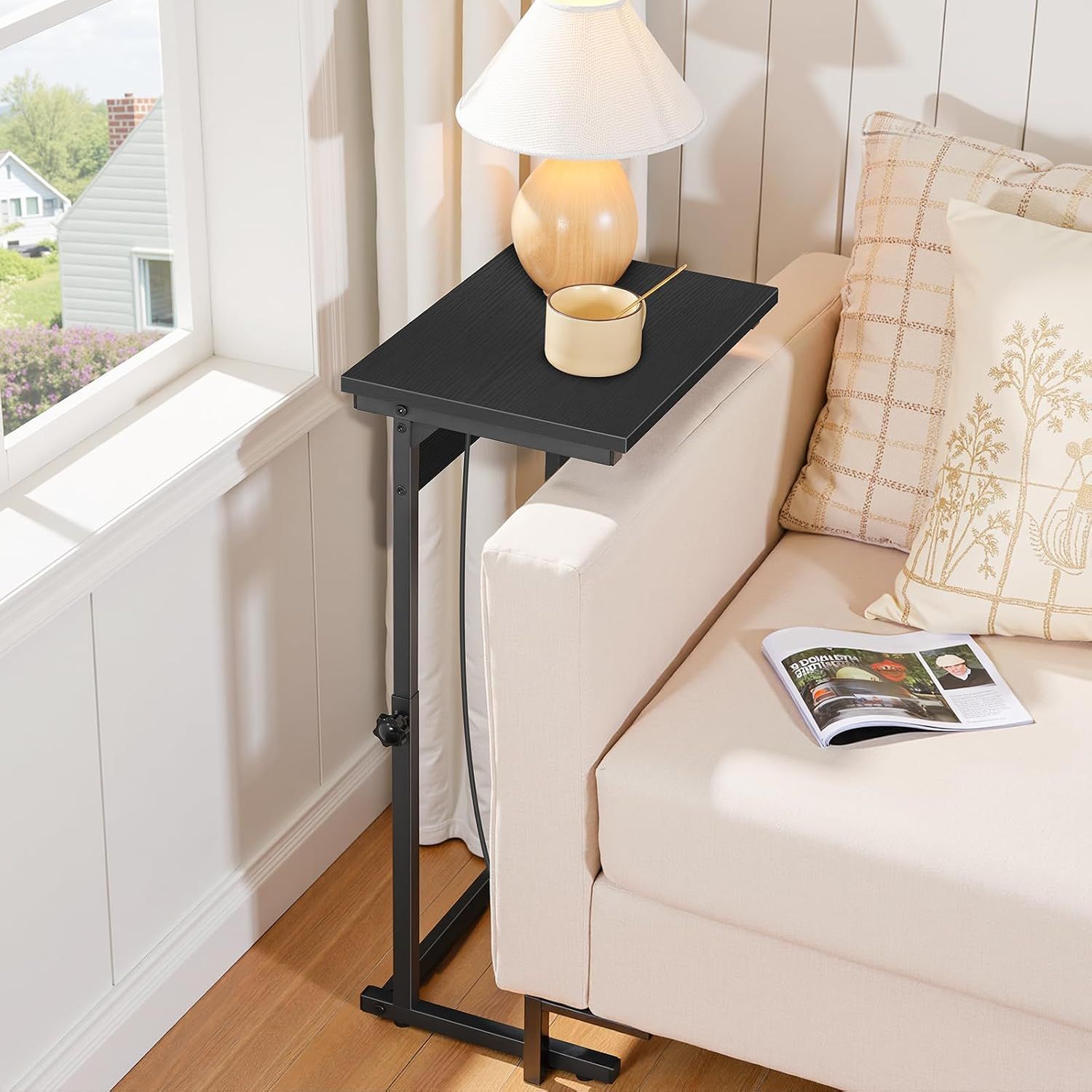 Black C-Shape Side Table with Charging Station, Height-Adjustable Sofa Table