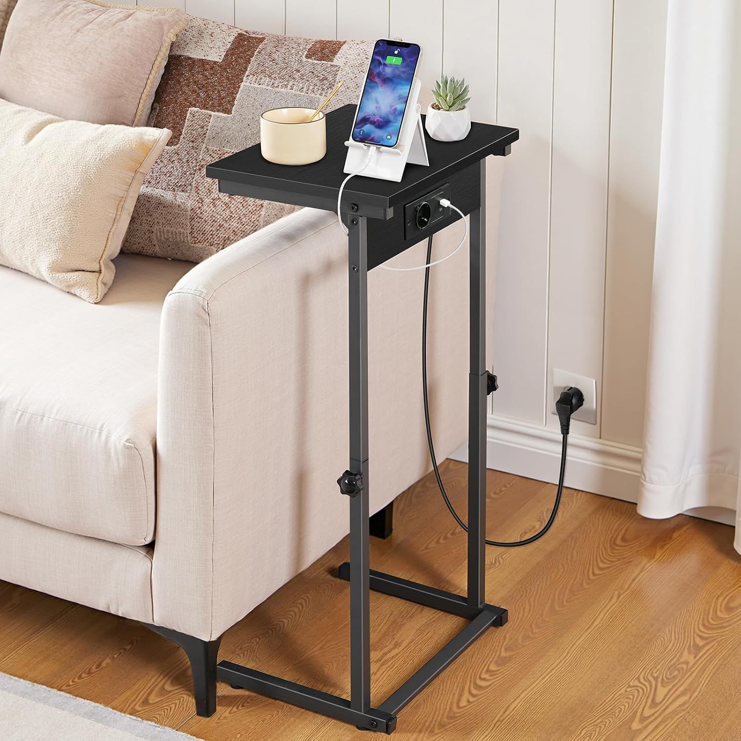 Black C-Shape Side Table with Charging Station, Height-Adjustable Sofa Table