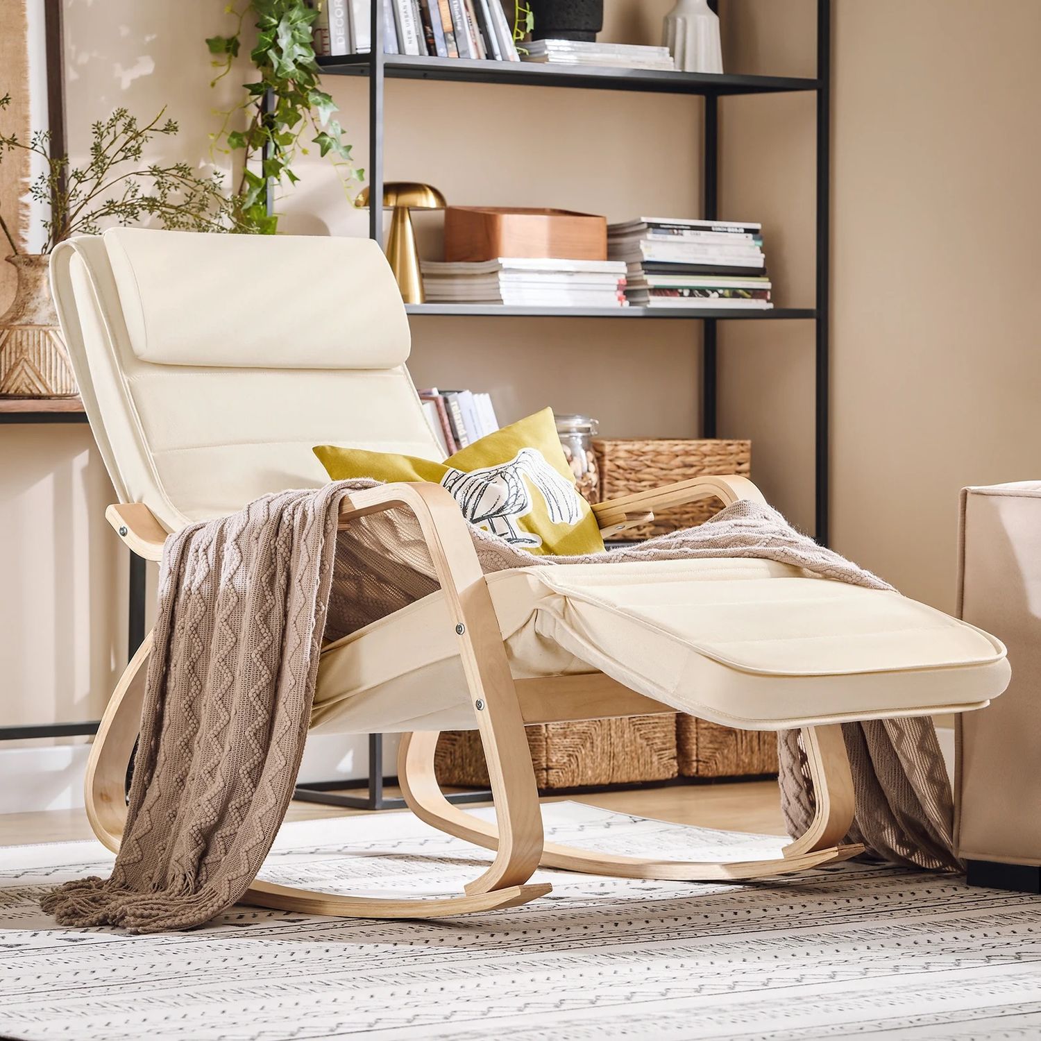 Rocking Chair, Swing Chair / Rocking Lounge Chair – Beige Cotton Cover with Adjustable Footrest