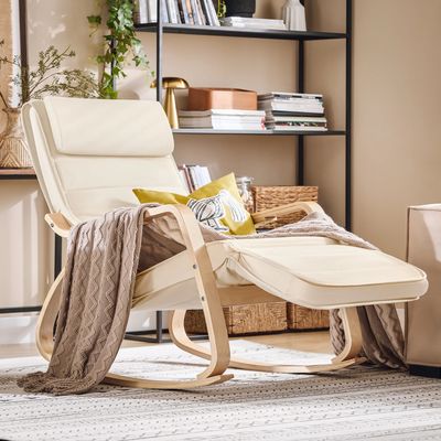 Rocking Chair, Swing Chair / Rocking Lounge Chair – Beige Cotton Cover with Adjustable Footrest