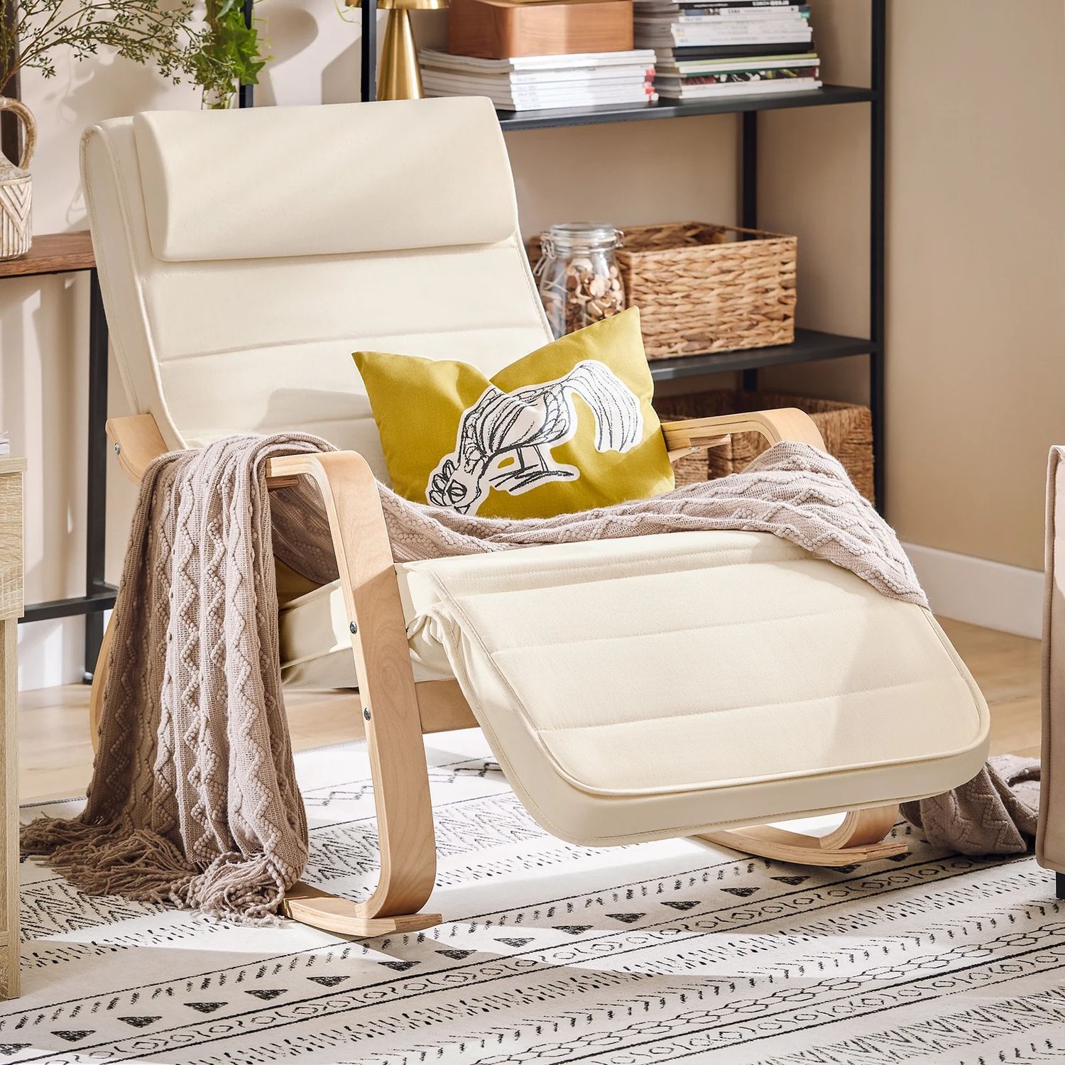 Rocking Chair, Swing Chair / Rocking Lounge Chair – Beige Cotton Cover with Adjustable Footrest