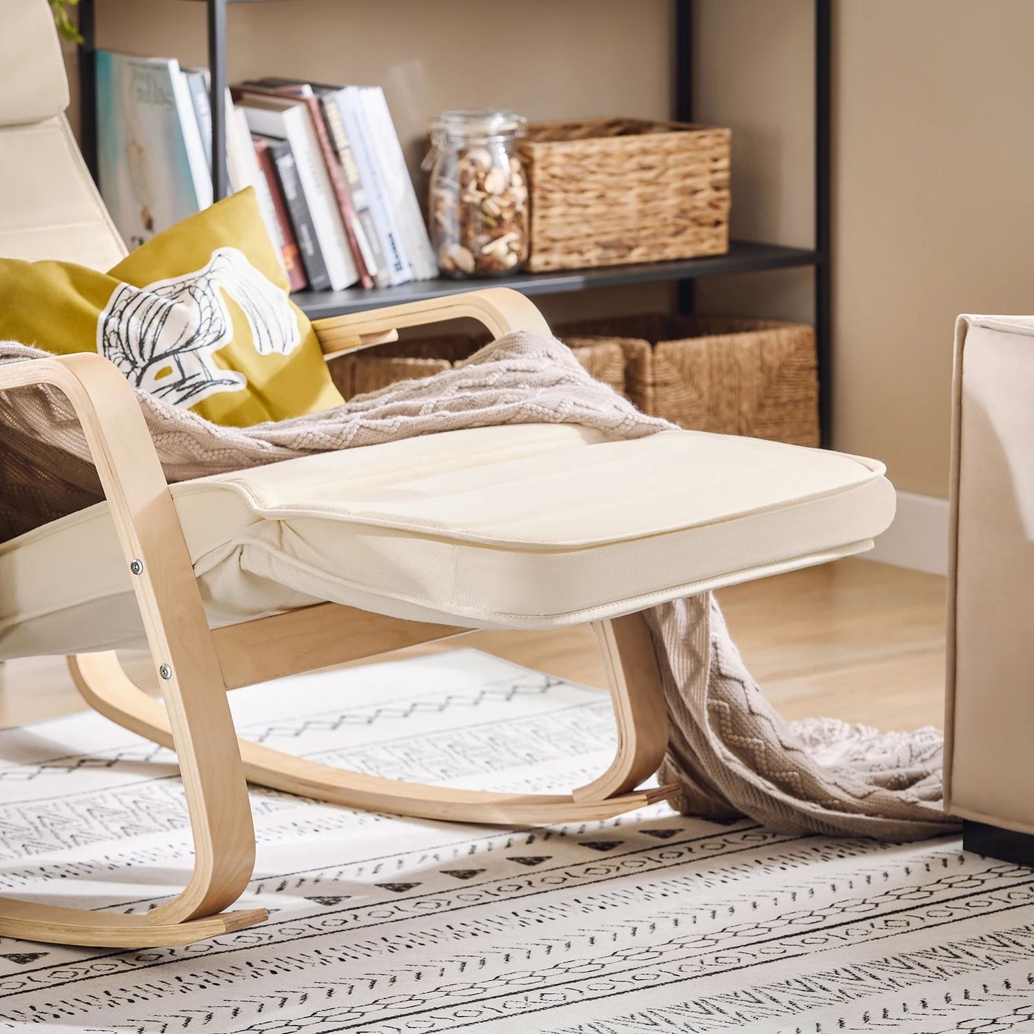 Rocking Chair, Swing Chair / Rocking Lounge Chair – Beige Cotton Cover with Adjustable Footrest