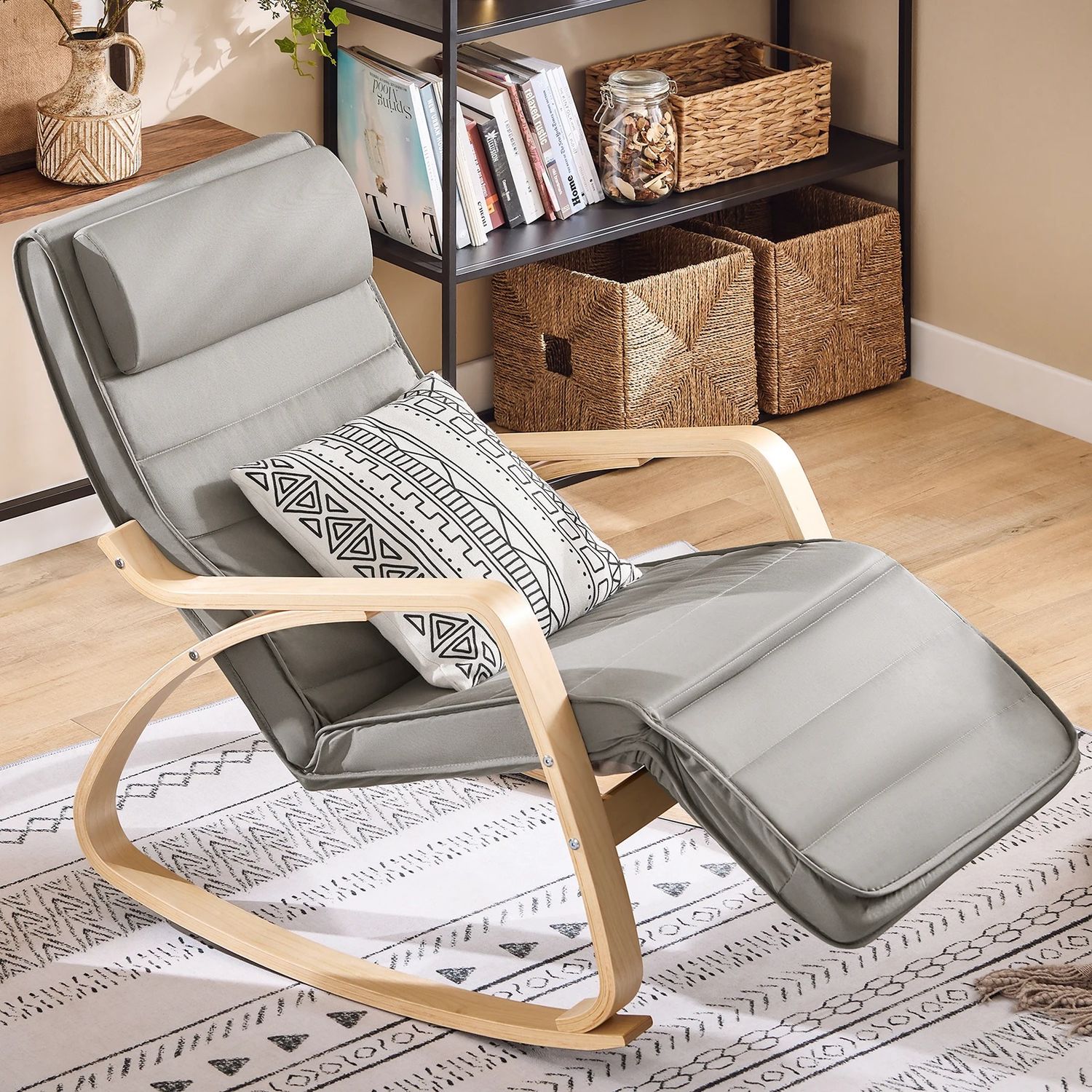 Rocking Chair, Swing Chair / Rocking Lounge Chair – Beige Cotton Cover with Adjustable Footrest