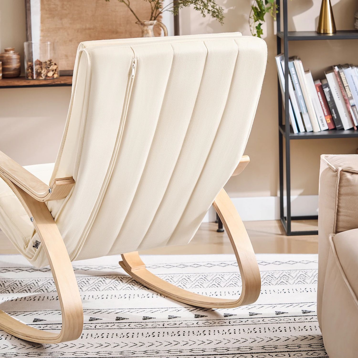 Rocking Chair, Swing Chair / Rocking Lounge Chair – Beige Cotton Cover with Adjustable Footrest