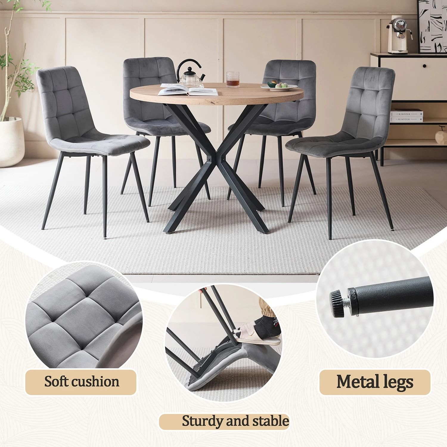 Set of Modern Nordic Velvet Dining Chairs – Black &amp; Grey | 2 Pieces