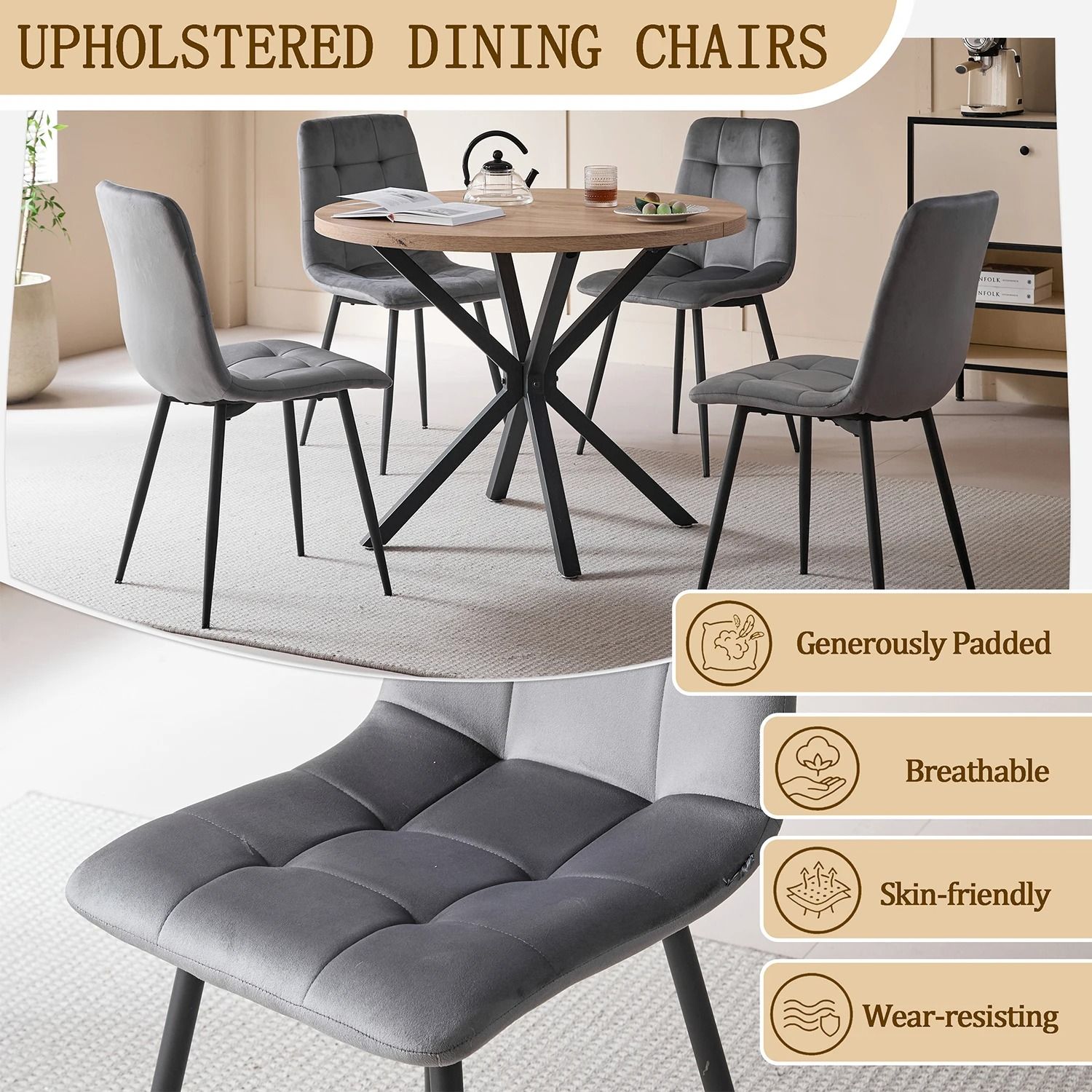 Set of Modern Nordic Velvet Dining Chairs – Black &amp; Grey | 2 Pieces