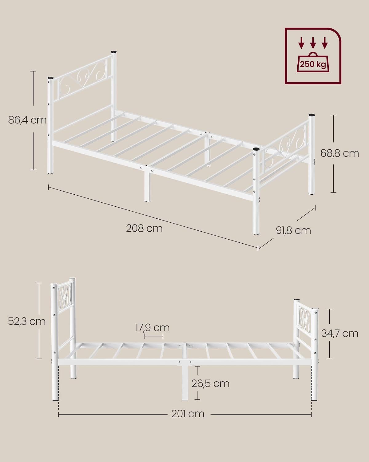 Single Bed Frame, 90 × 200 cm – Sturdy Single Bed with High Headboard &amp; Under-Bed Storage