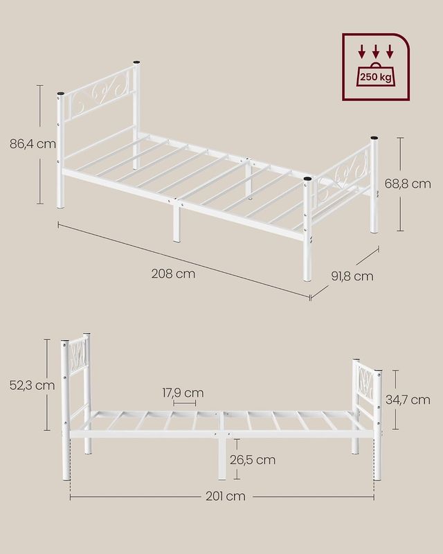 Single Bed Frame, 90 × 200 cm – Sturdy Single Bed with High Headboard &amp; Under-Bed Storage