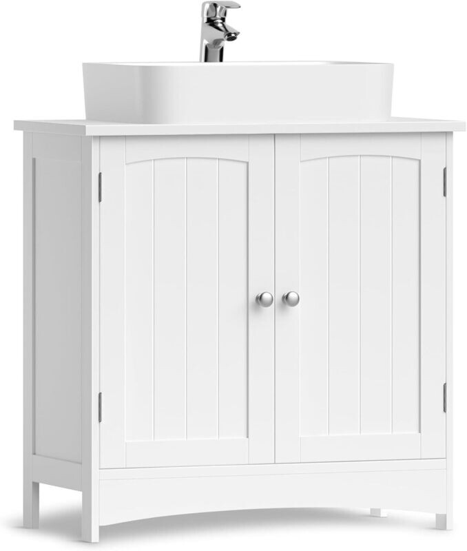 Bathroom Sink Cabinet – White MDF Vanity Unit with 2 Doors &amp; Adjustable Shelf