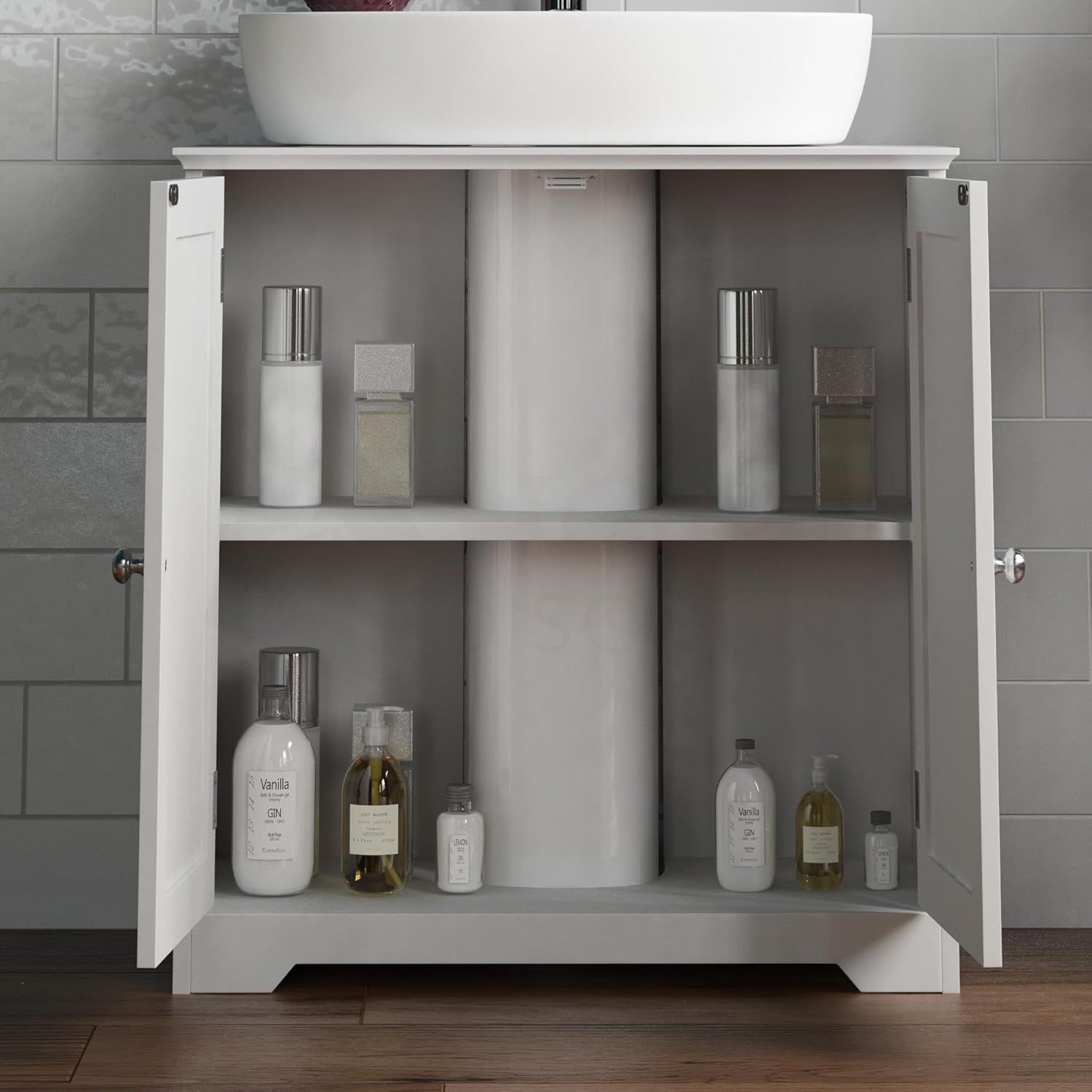 Bathroom Sink Cabinet – White MDF Vanity Unit with 2 Doors &amp; Adjustable Shelf