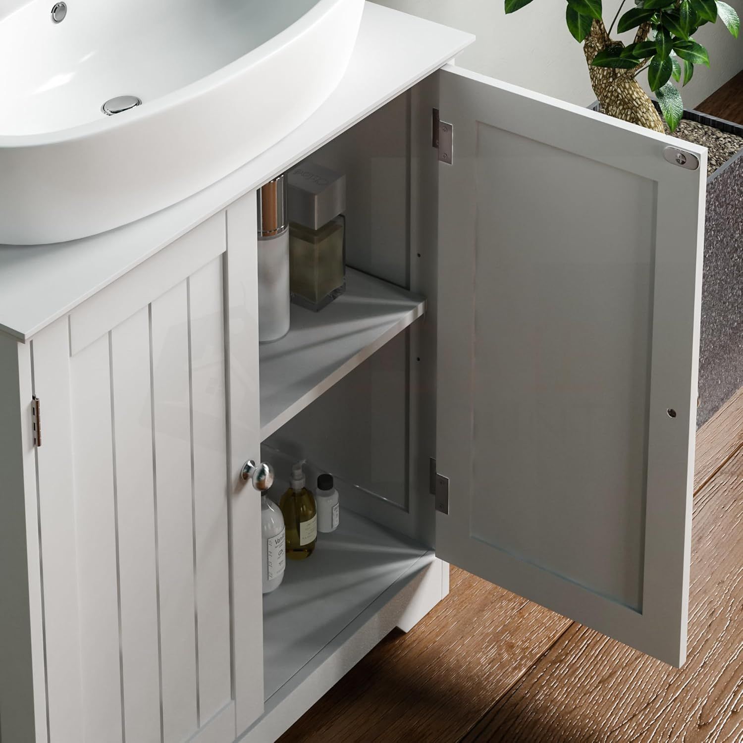 Bathroom Sink Cabinet – White MDF Vanity Unit with 2 Doors &amp; Adjustable Shelf