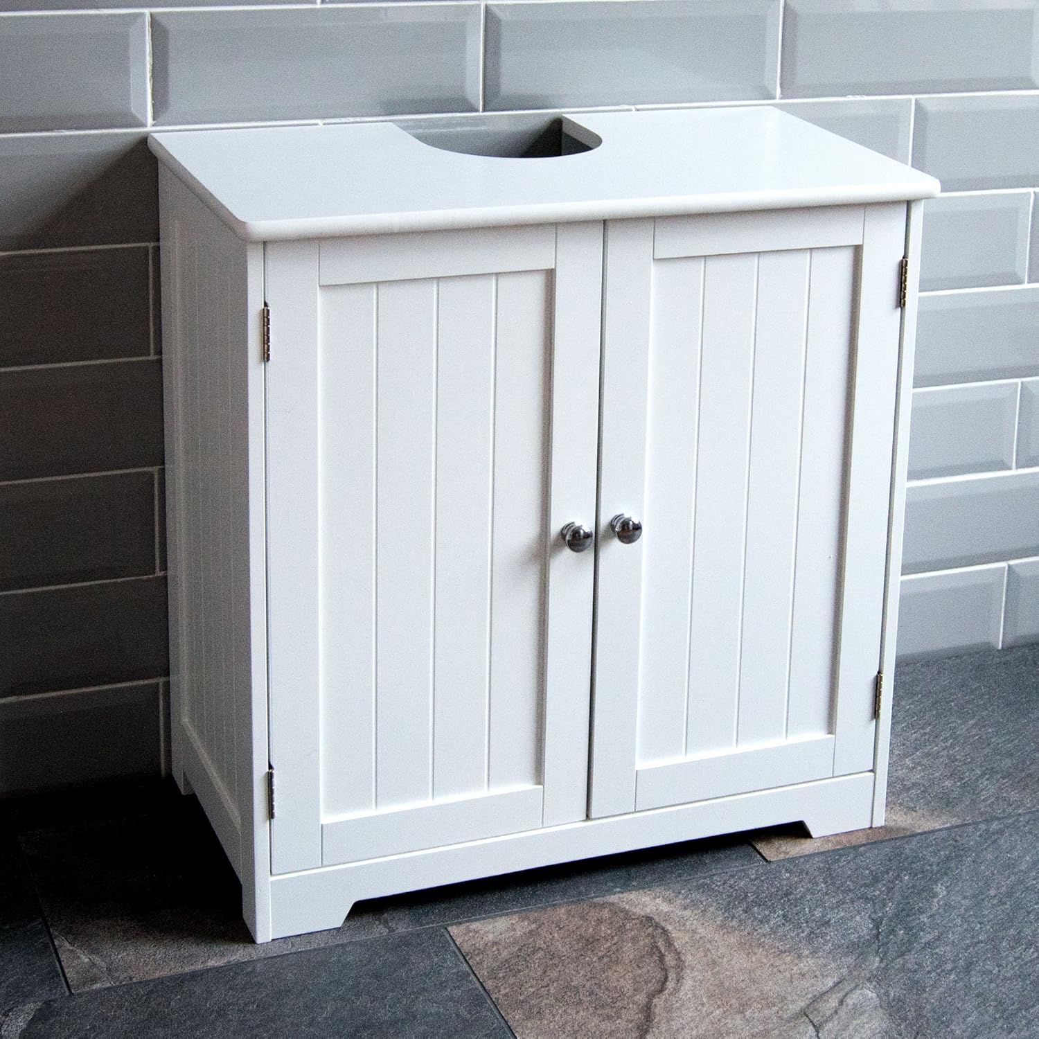 Bathroom Sink Cabinet – White MDF Vanity Unit with 2 Doors &amp; Adjustable Shelf