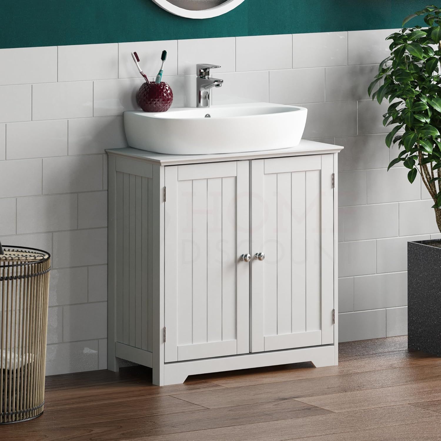 Bathroom Sink Cabinet – White MDF Vanity Unit with 2 Doors &amp; Adjustable Shelf