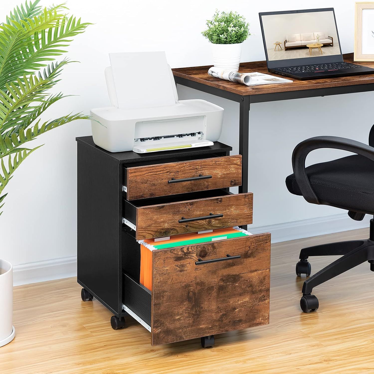 Rolling Industrial 3-Drawer Rolling Filing Cabinet – Mobile Office Storage with Hanging File Compartment